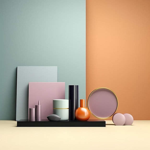 a shelf with various cosmetics and a mirror on it