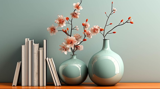 A shelf with a vase and books on wooden table