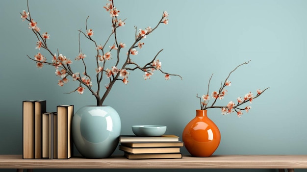 A shelf with a vase and books on wooden table