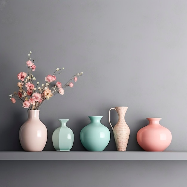 A shelf with vases of flowers and one vase has a pink flower in it.
