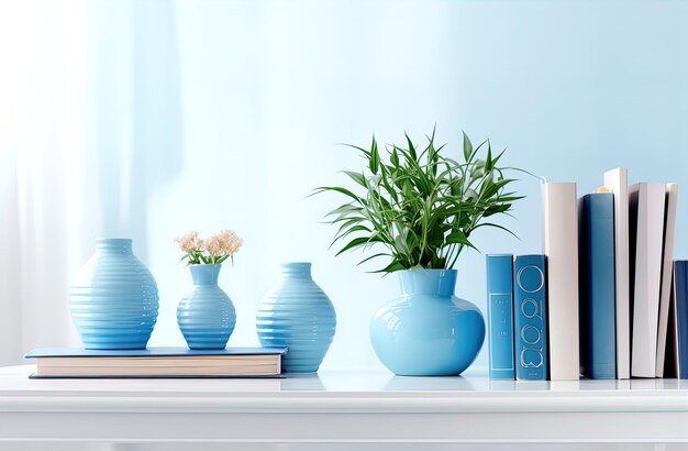 a shelf with vases and a plant on it