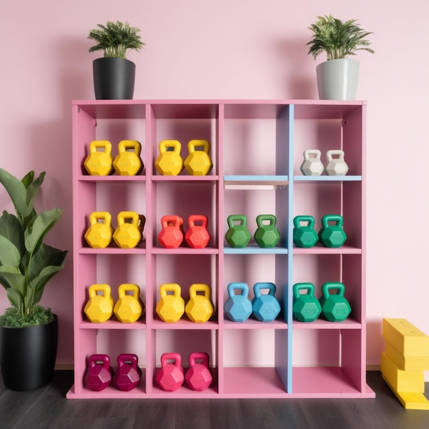 A shelf with weights and a potted plant on the wall