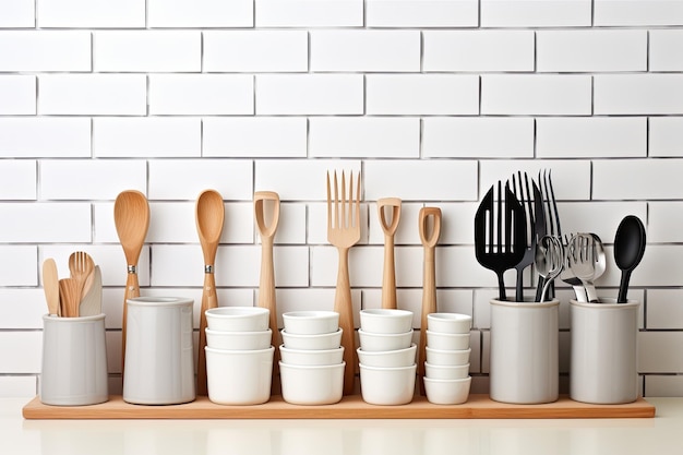 A shelf with white cups and spoons and a black spoon on it.