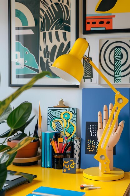 Photo a shelf with a yellow lamp and a plant in a pot