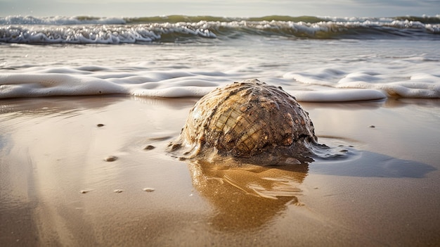 Photo a shell on the beach is covered in sea foam.