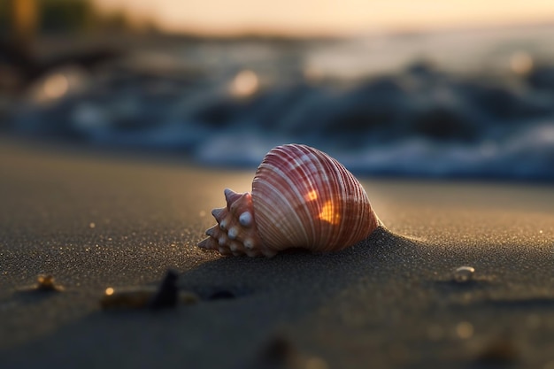 A shell on the beach with the sun setting behind it