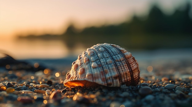 A shell on a beach with the sun setting behind it