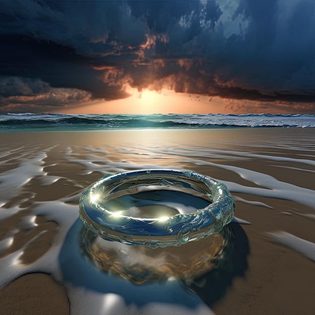 a shell is laying on the beach with the ocean in the background