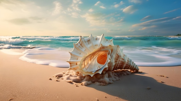 A shell is sitting on the beach
