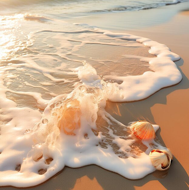 Foto una conchiglia viene bagnata su una spiaggia con il sole che tramonta dietro di essa