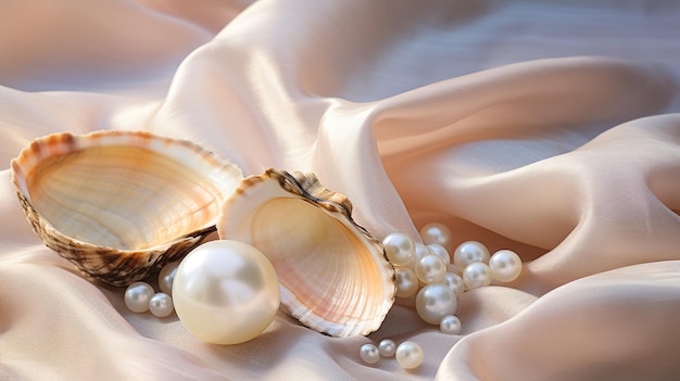 A shell and a pearl are on a white cloth