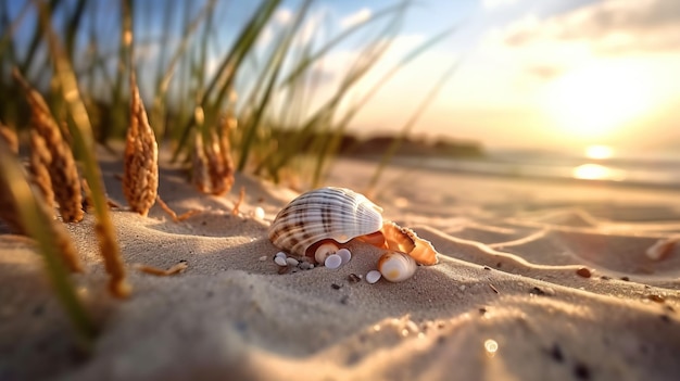 A shell on sand with grass and sun Generative AI Art