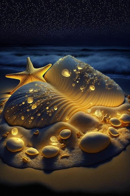 Shell and starfish on a beach at night generative ai