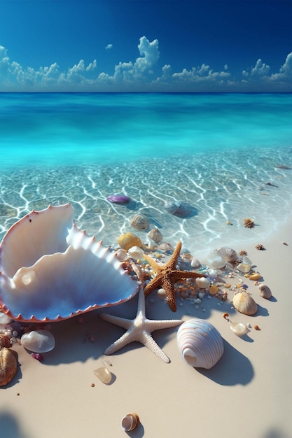 Shell and starfish on a sandy beach generative ai