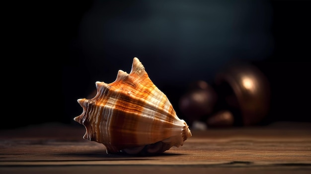 A shell on a table with a dark background