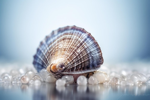 A shell with pearls on the bottom and a white background.