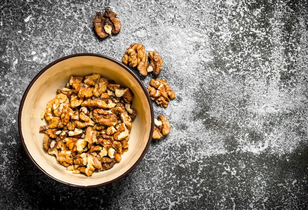 Shelled walnuts in a bowl