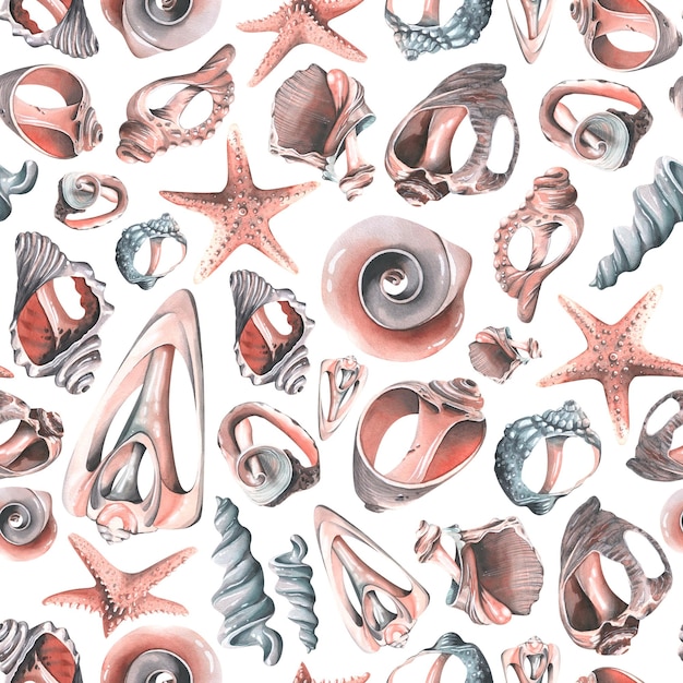 Shells are different broken beautiful on a white background Watercolor illustration Seamless pattern from a large set of WHALES For fabric textiles clothing wallpaper cover background prints