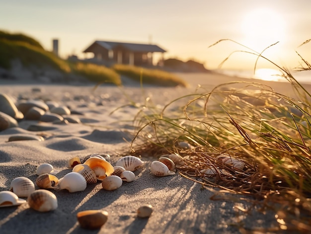 Shells on the beach at sunset