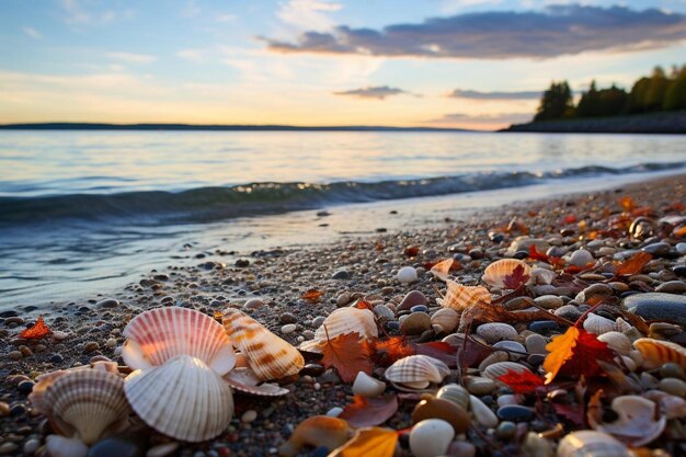 shells on the beach and the water in the background