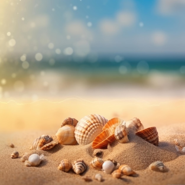 Shells on the beach with a blue sky in the background