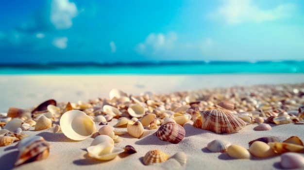 Shells on the beach with the sky in the background