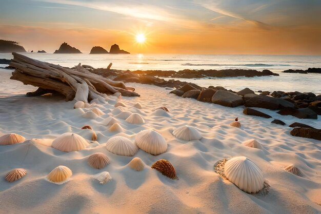 Shells on a beach with the sun setting behind them