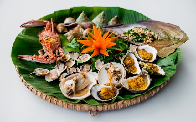 Photo shells on the dish with the palm leaf.