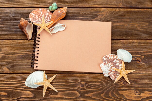 Shells and notepad on wooden table