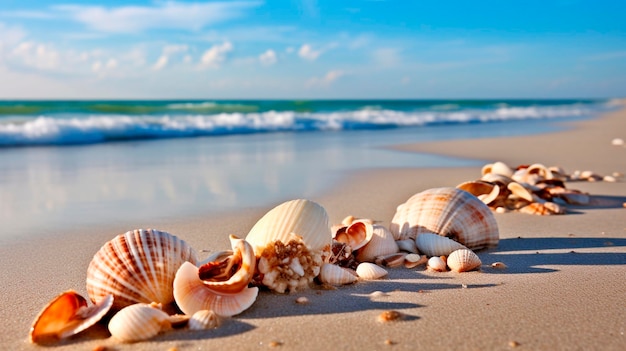 Shells and seashells on a sandy beach with the ocean in the background Generative AI