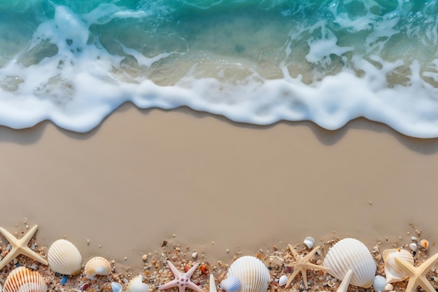 Shells and star on sandy beach near wavy turquoise ocean Generative Ai