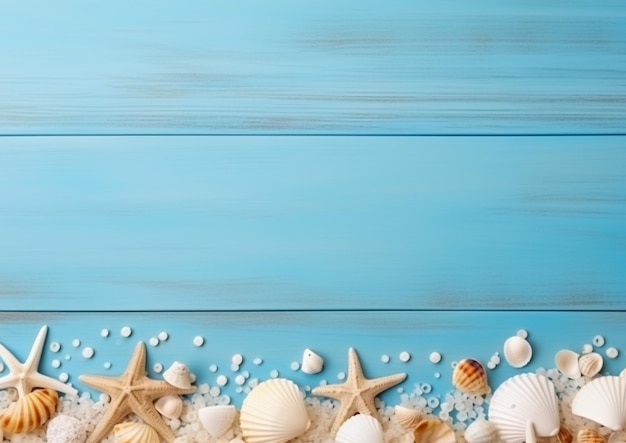 shells and starfish on a blue background with a blue background.