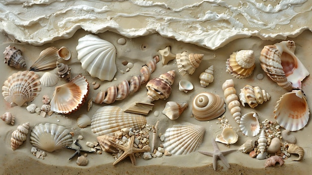 Раковины и морские звезды на песке Разнообразие ракушек и морских звезд расположены на песке, создавая красивую и естественную композицию