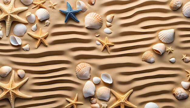 shells and starfish on a sand with starfish and starfish in the sand