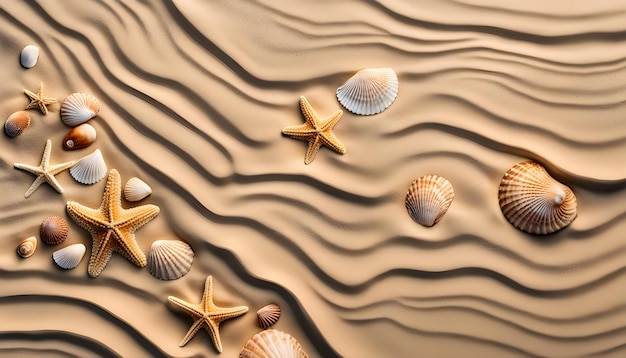 Photo shells and starfish on a sandy beach