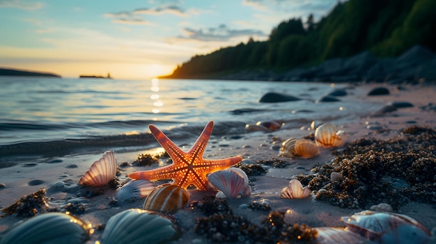 Photo shells and starfishs on the beach at sunset generative ai