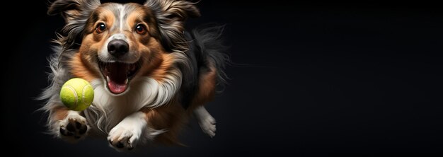 Foto sheltie springt na een tennisbal gegenereerde ai