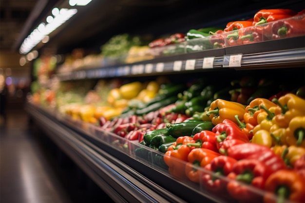 Foto scaffali di prodotti freschi in un negozio di alimentari con sfondo sfocato