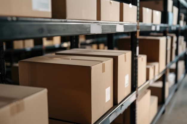 Photo shelves lined with boxes in a distribution center