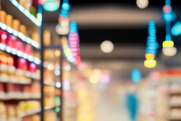 Photo shelves in one bokeh background of shopping center with lights blurry image