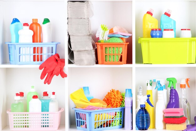 Shelves in pantry with cleaners for home closeup