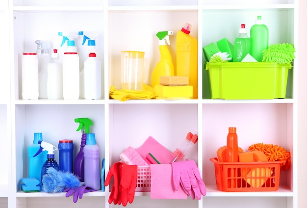 Shelves in pantry with cleaners for home closeup