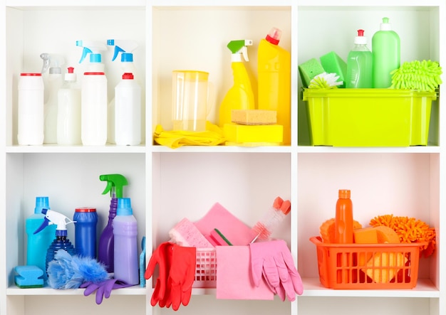 Shelves in pantry with cleaners for home closeup