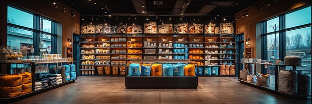 Shelves in a pet store display a range of pet food toys and accessories Customers peruse the selecti