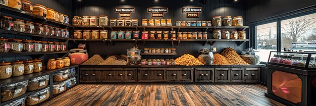 Shelves in a pet store display a range of pet food toys and accessories Customers peruse the selecti