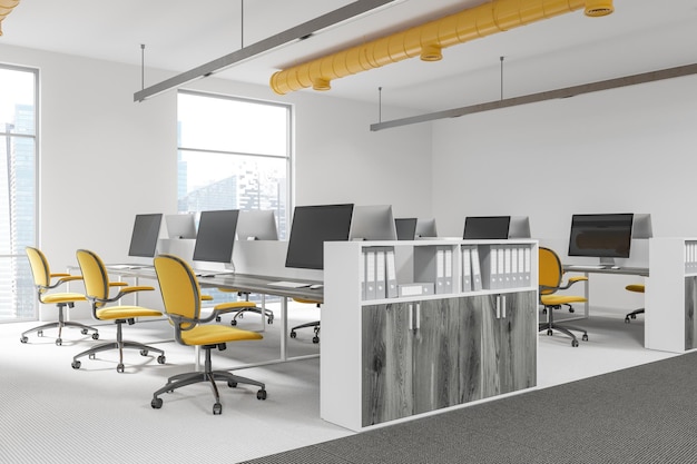 Shelves in a white office corner with a tall window, a carpet and rows of computer desks with yellow chairs. 3d rendering mock up