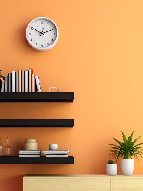 Shelves with alarm clock and decor hanging on color wall