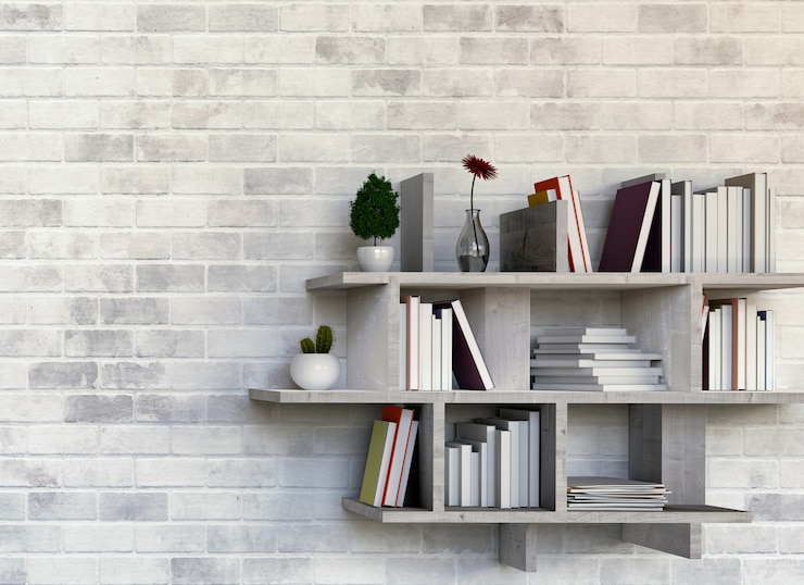 Полки с книгами на кирпичной стене. 3D рендеринг
