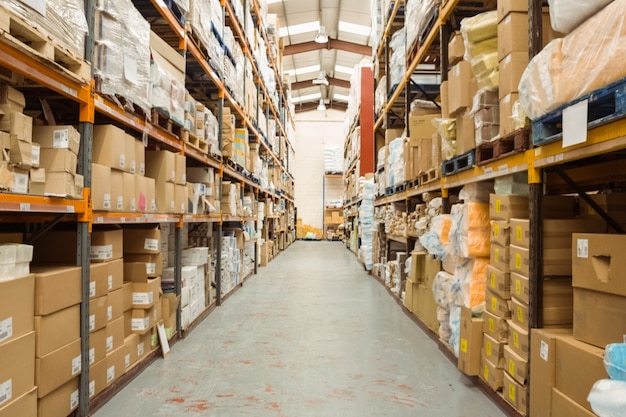 Shelves with boxes in warehouse