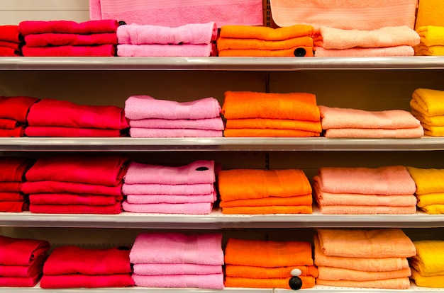 Shelves with colorful towels.